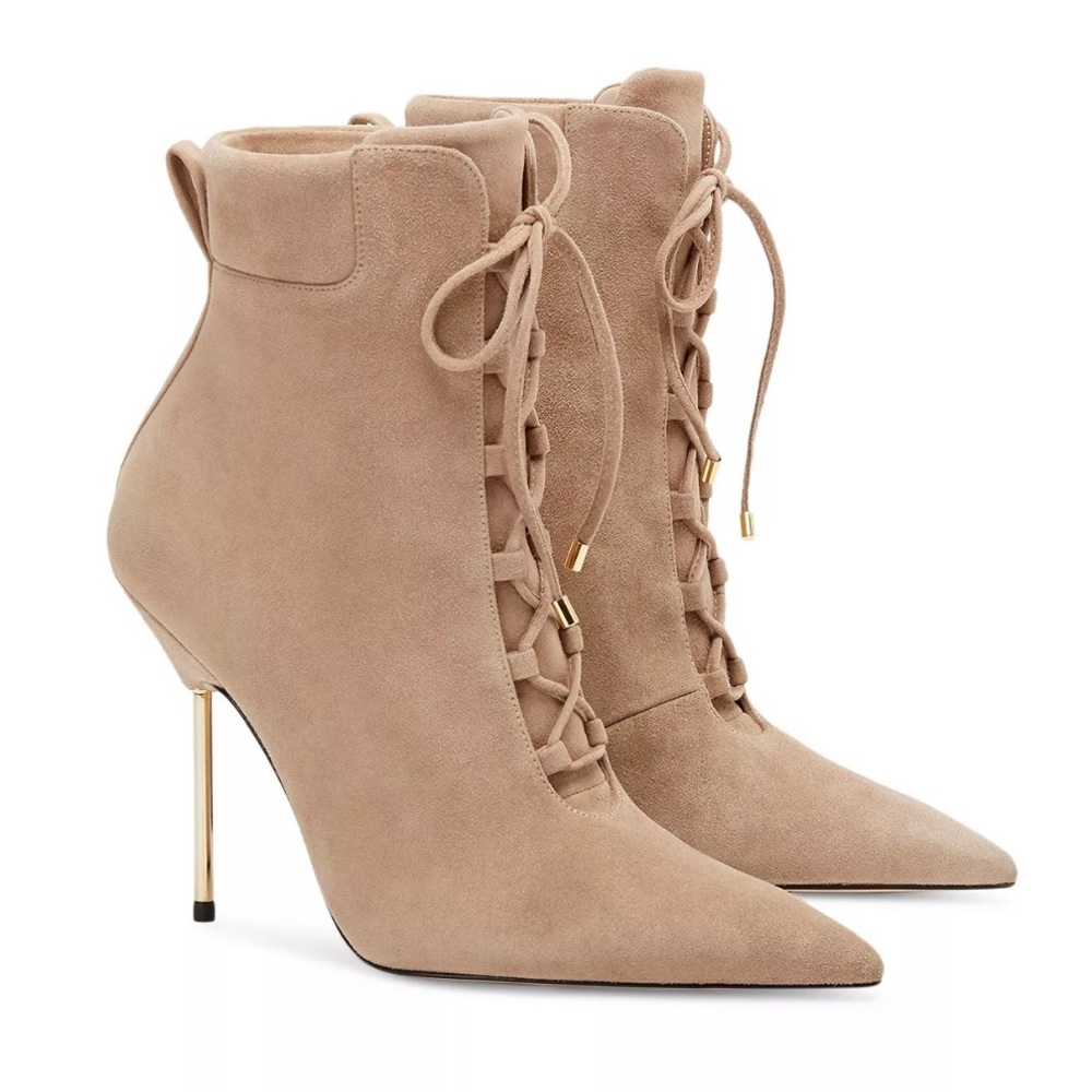 🔥 Good American Scandal Lace Up High Heel Booties Boots Stone Sold Out NIB